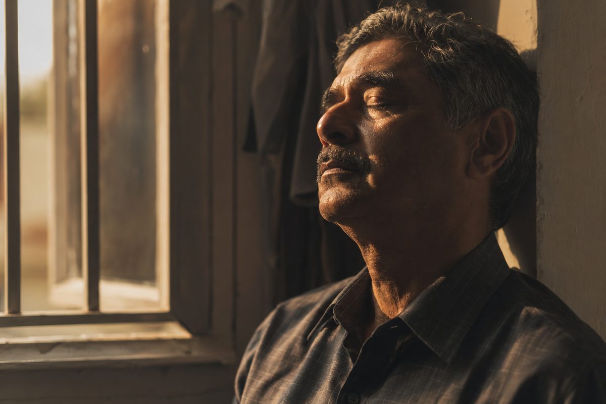 A man in his sixties resting by a window in warm evening light