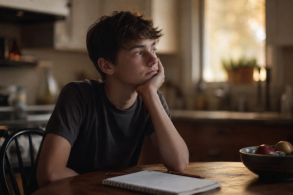 A teenage boy at a kitchen table, his attention drifting from his homework