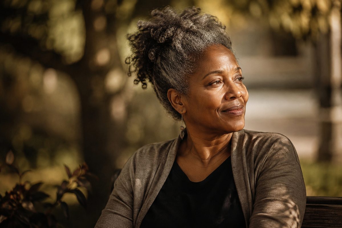 A woman in her fifties sitting outdoors in warm evening light