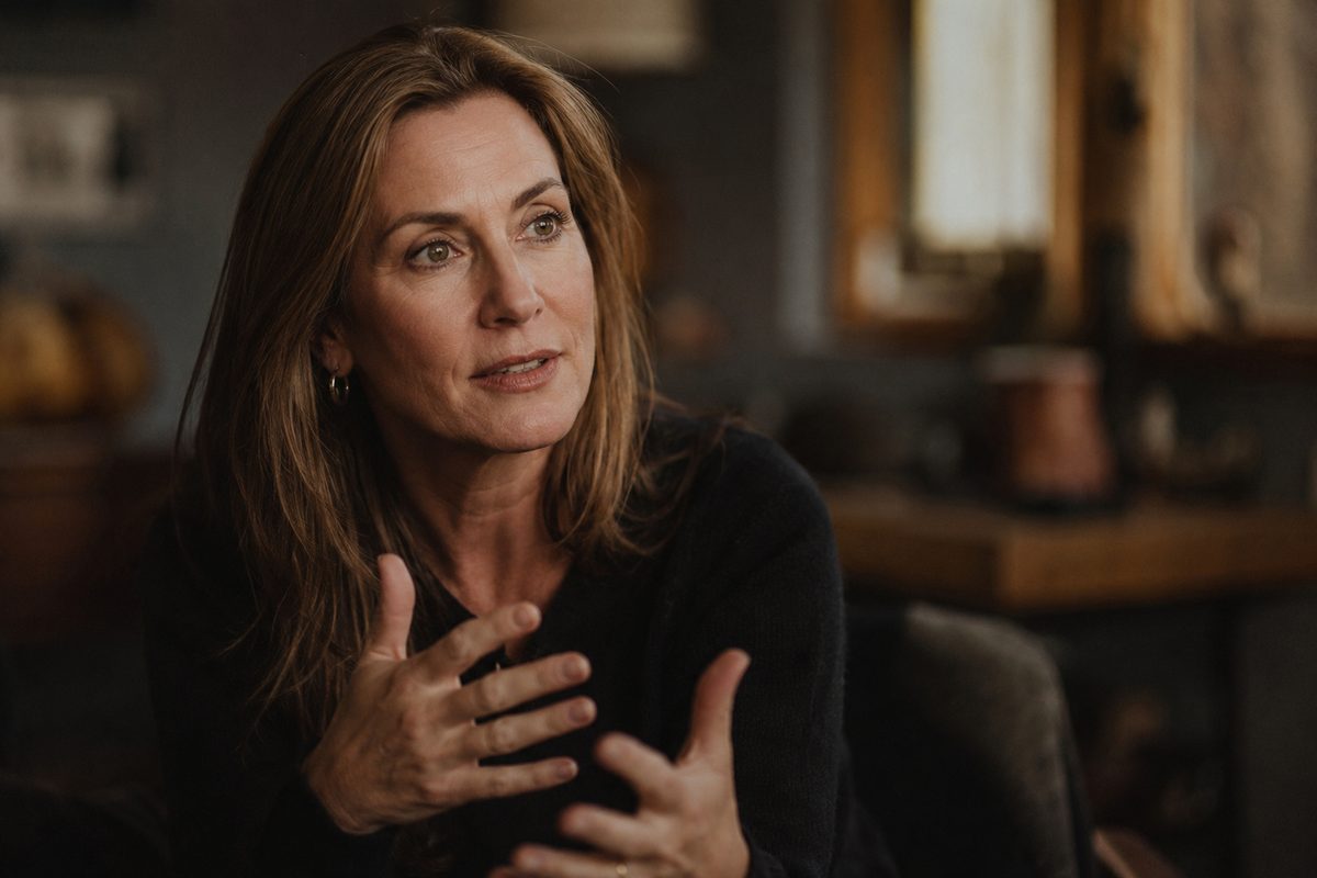 A woman in her forties in conversation, mid-gesture