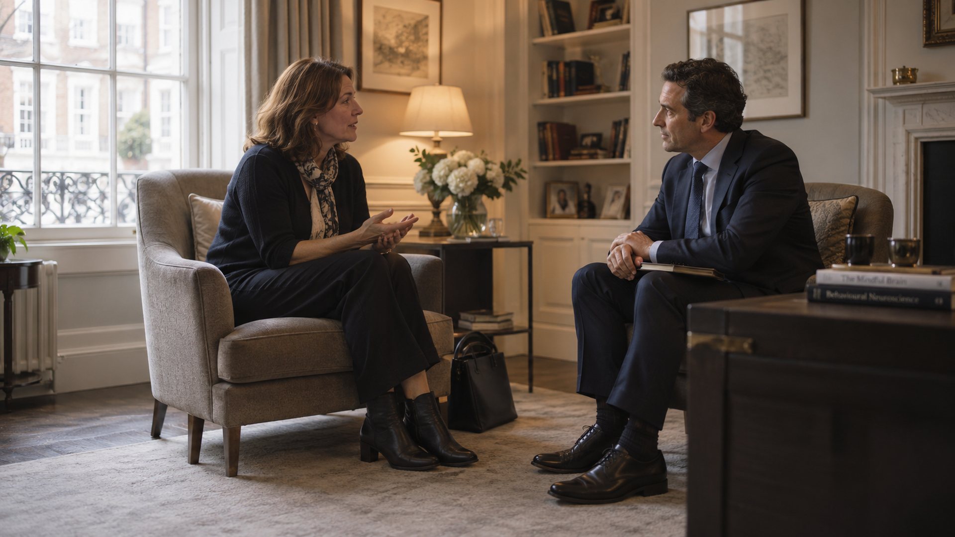 A patient in conversation with a therapist in a Harley Street consulting room