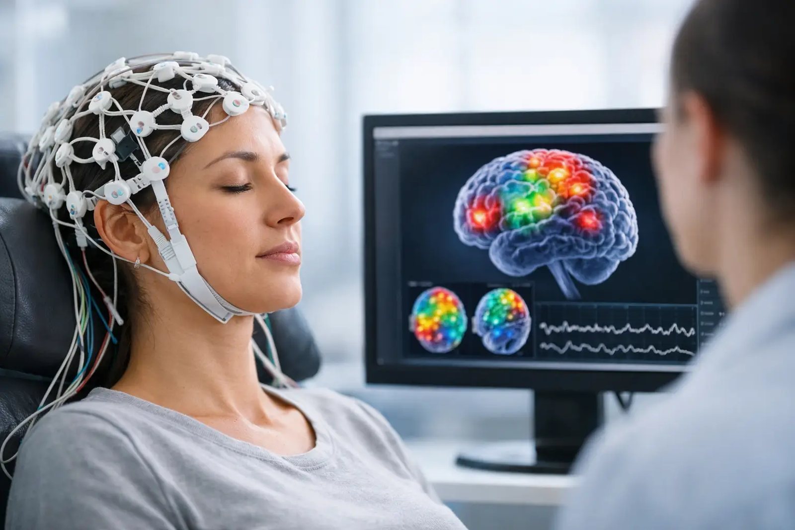 A patient wearing the QEEG sensor cap while a clinician reviews her brain maps on screen