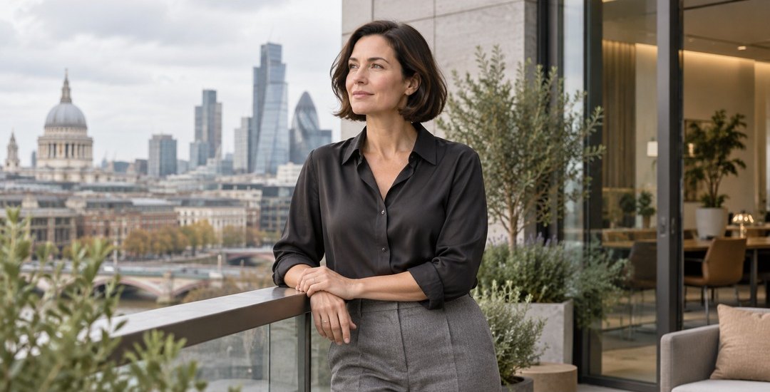 A professional looking out over the City of London from a terrace