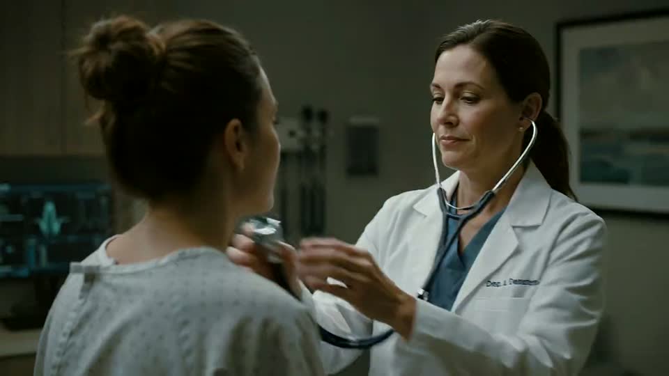 A clinician listening to a patient’s chest with a stethoscope