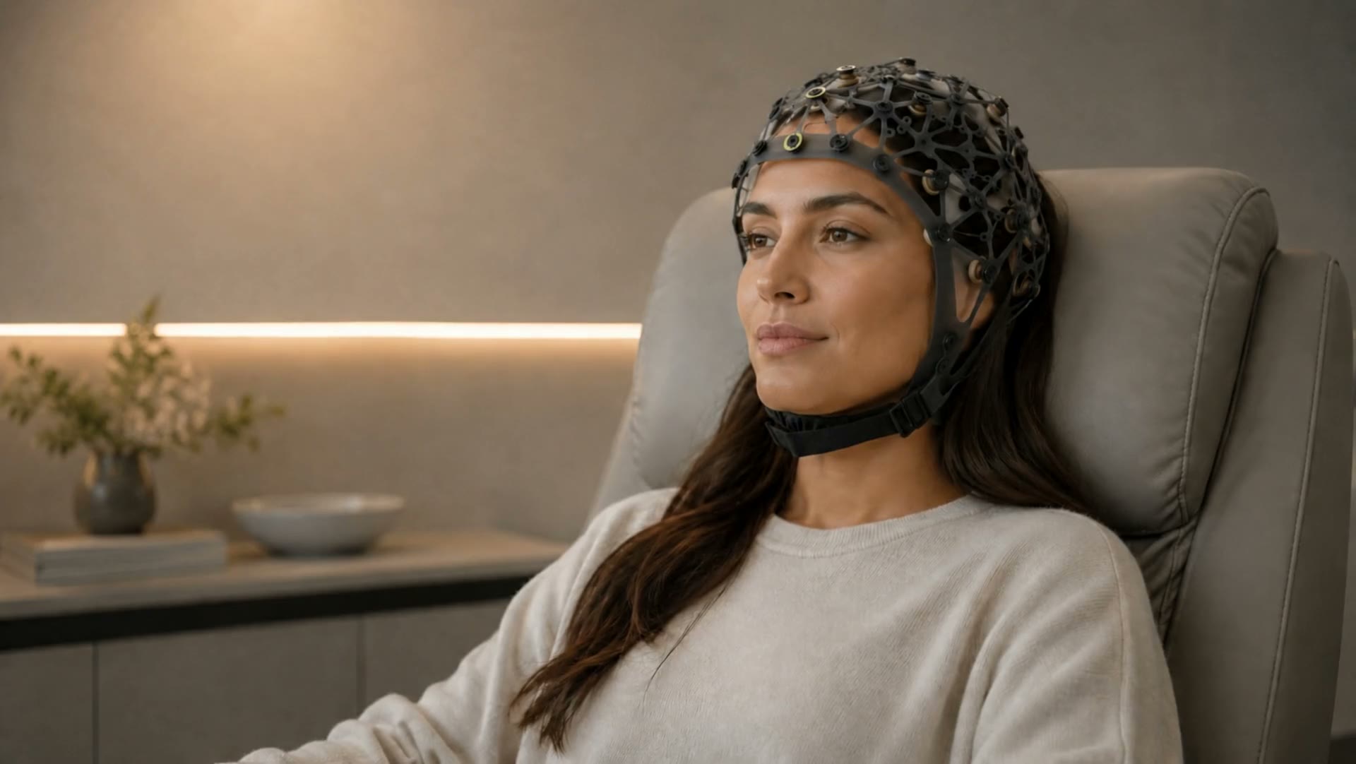 A woman reclined in a treatment chair wearing a QEEG sensor cap during a brain mapping session