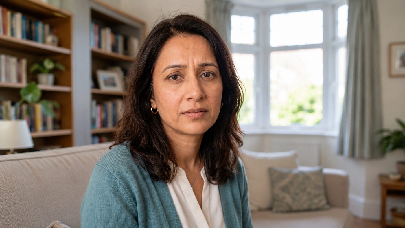 A woman sitting at home in her living room