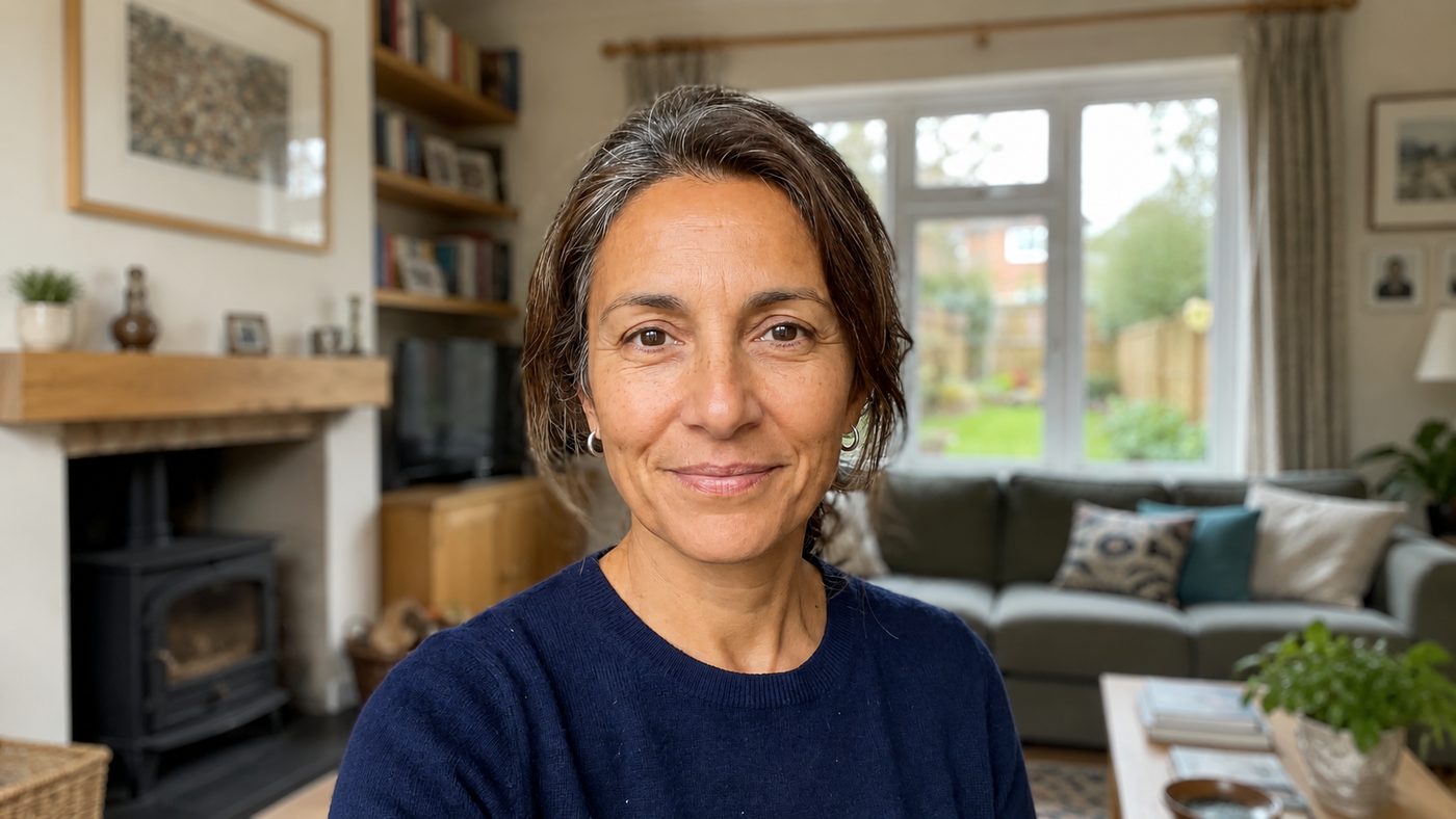 A woman at home in her living room